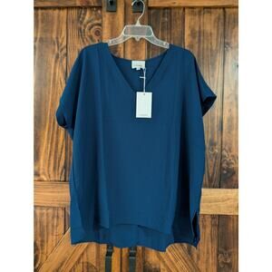 NWT Womens 1x Andree By Unit navy blue V-neck Short Sleeve blouse